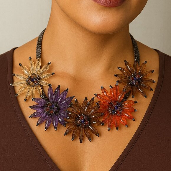 Vintage Joan Rivers Gunmetal Silver Tone Multi-Chain Crystal Flower Necklace - Picture 1 of 11